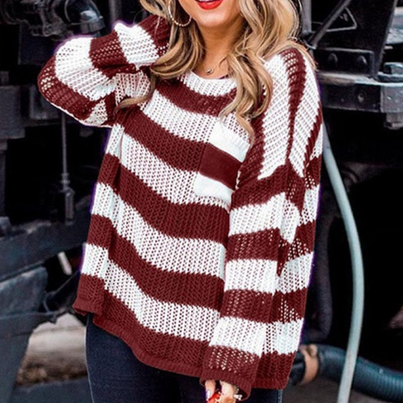 Loose Pocket Decorated Striped Sweater