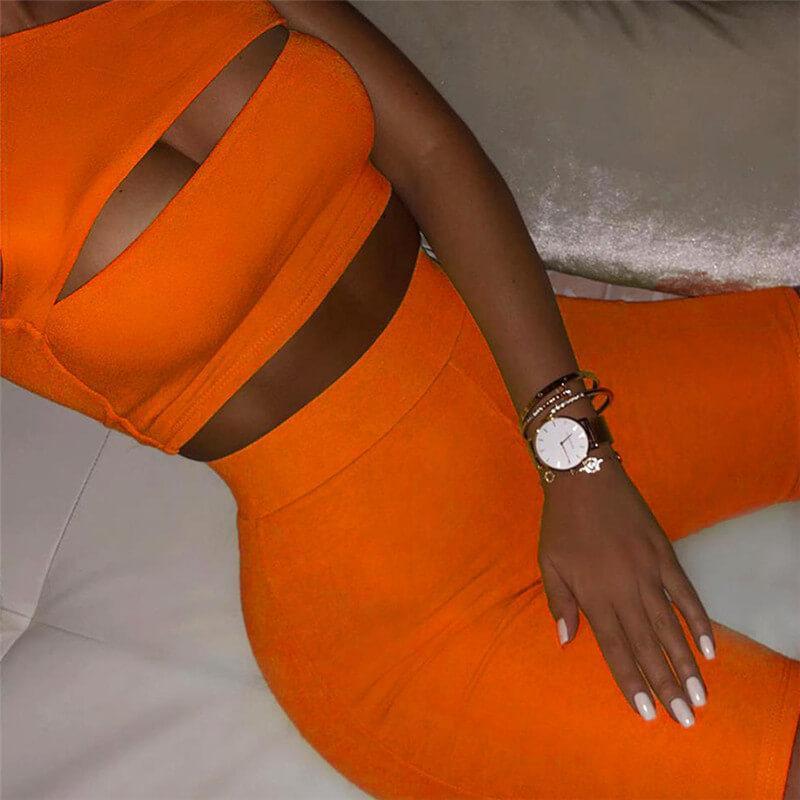 Sexy Bright Color One Shoulder Cutout Two Pieces Set