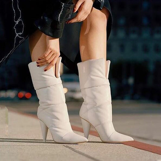 Winter White Leather Pointed Toe Mid Heel Calf Boots