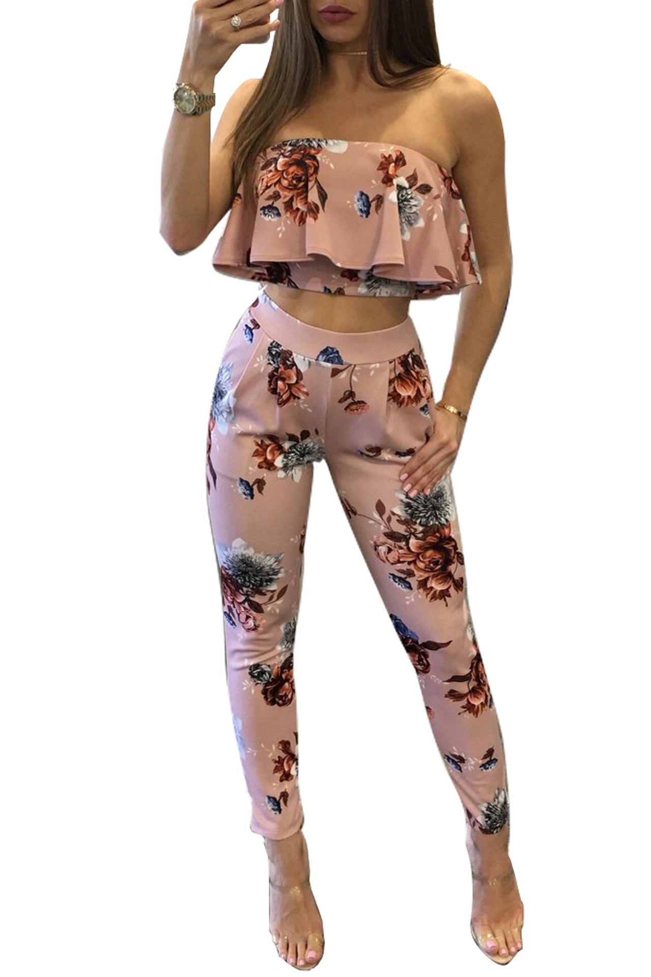 Strapless Flower Print Ruffles Crop Top with Skinny Pants Two Pieces Set