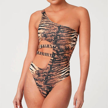 One Shoulder Backless Cutout Print High Cut Swimsuits