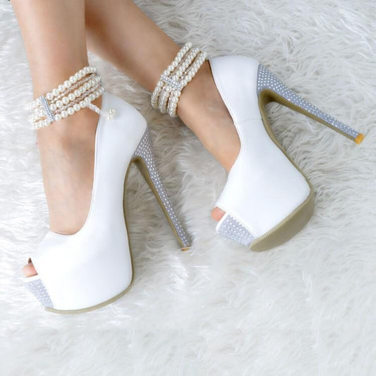 White Leather Platform Pearl Rhinestone High Heel Sandals