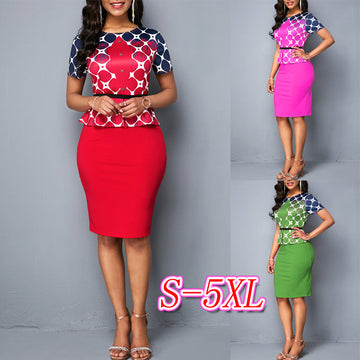 OL Plus Size Short Sleeve Print Bodycon Dress