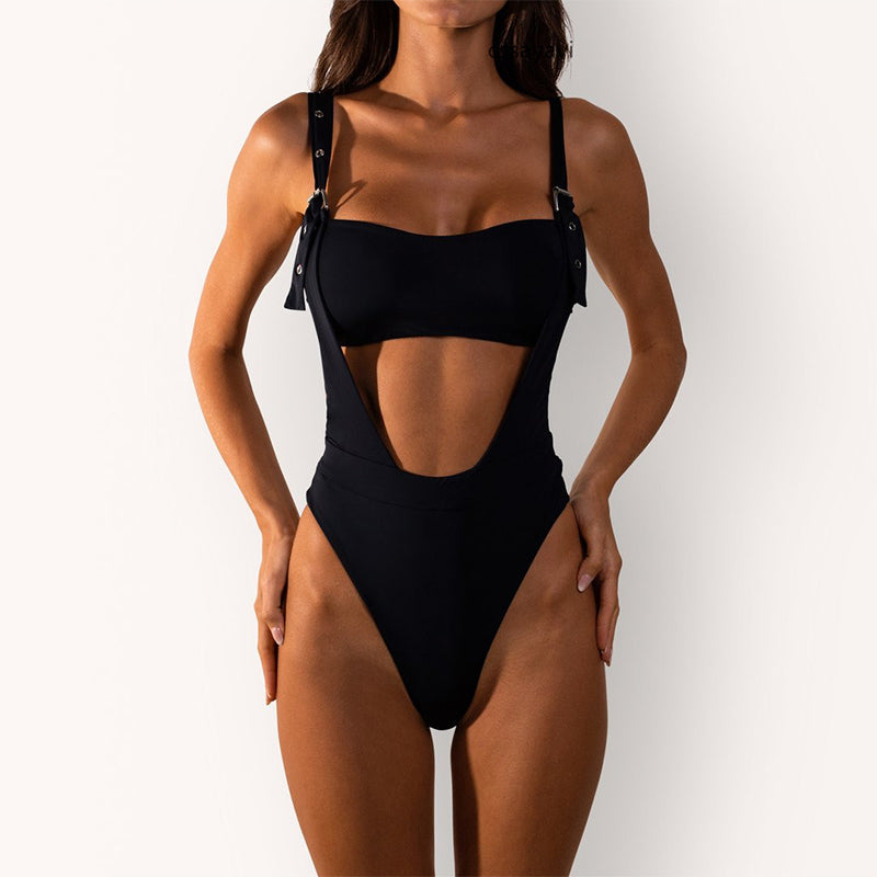 Black Buckle Backless Cutout High Cut Swimsuit