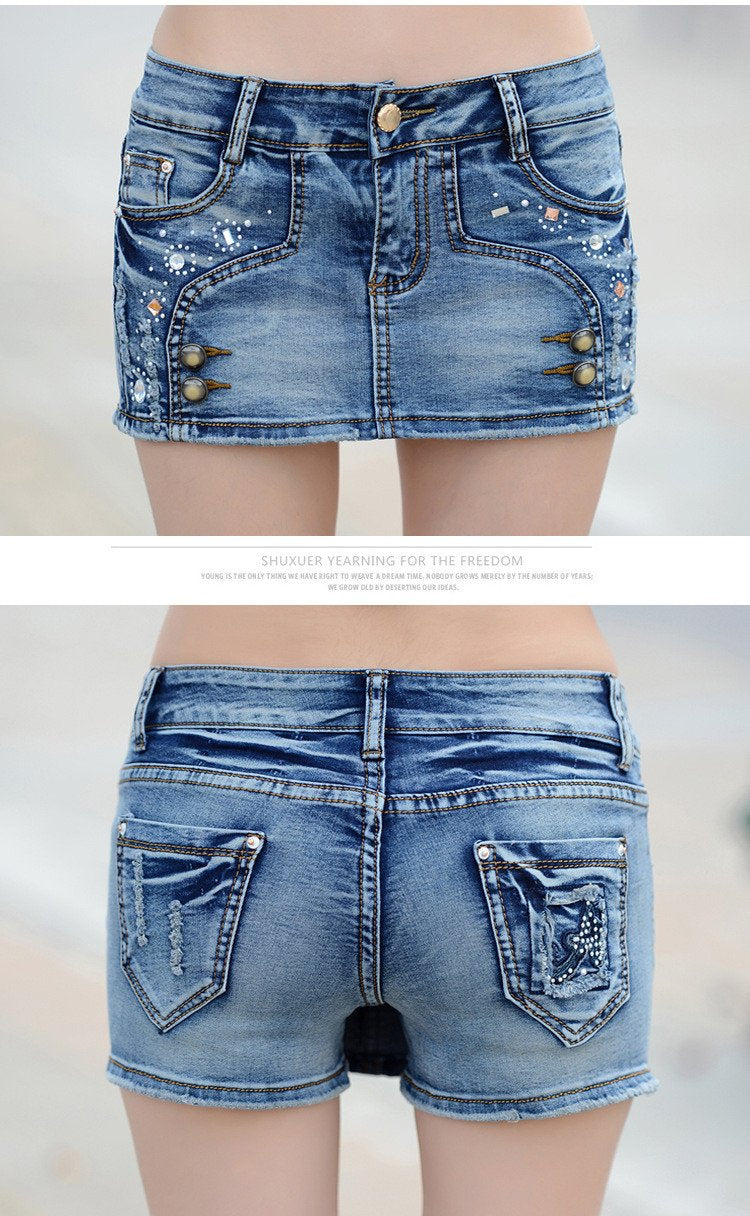 Buttons Crossover Rivet Regular Denim Skirt Shorts - Meet Yours Fashion - 4