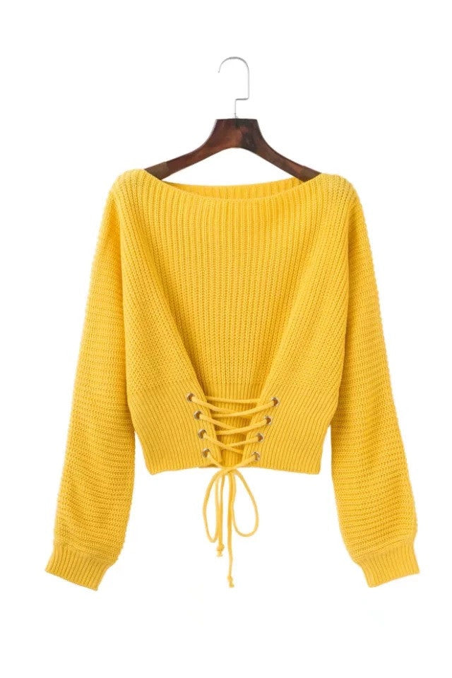 Pure Color Scoop Long Sleeves Lace Up Sweater