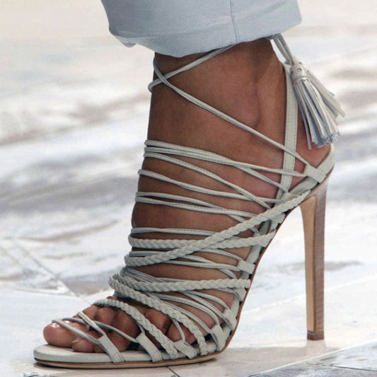 Summer Open Toe Strap Leather White Plain Cutout High Heel Sandals