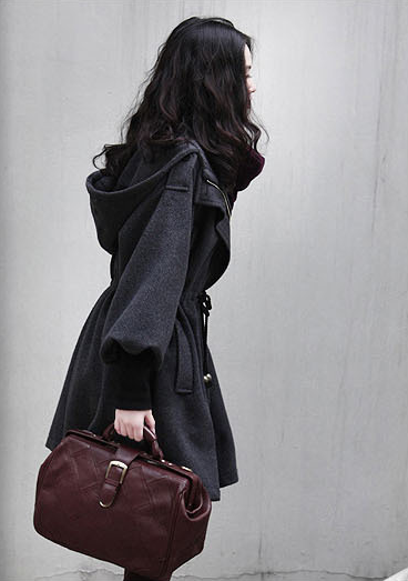 Hooded Belt Slim Thick Wool Long Sleeves Mid-length Coat - Meet Yours Fashion - 4