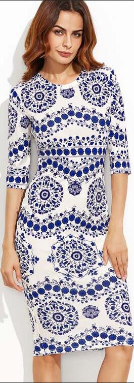 Digital Printing Blue And White Porcelain Slim Dress