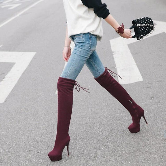 Sexy Suede Strap Platform Over Knee Boots