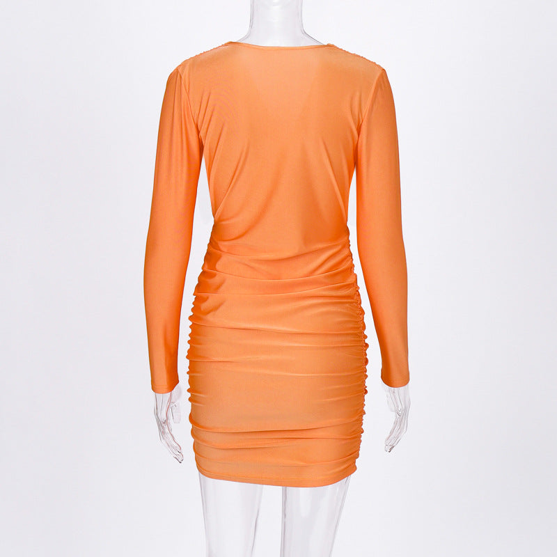 Orange V Neck Ruched Bodycon Long Sleeve Dress