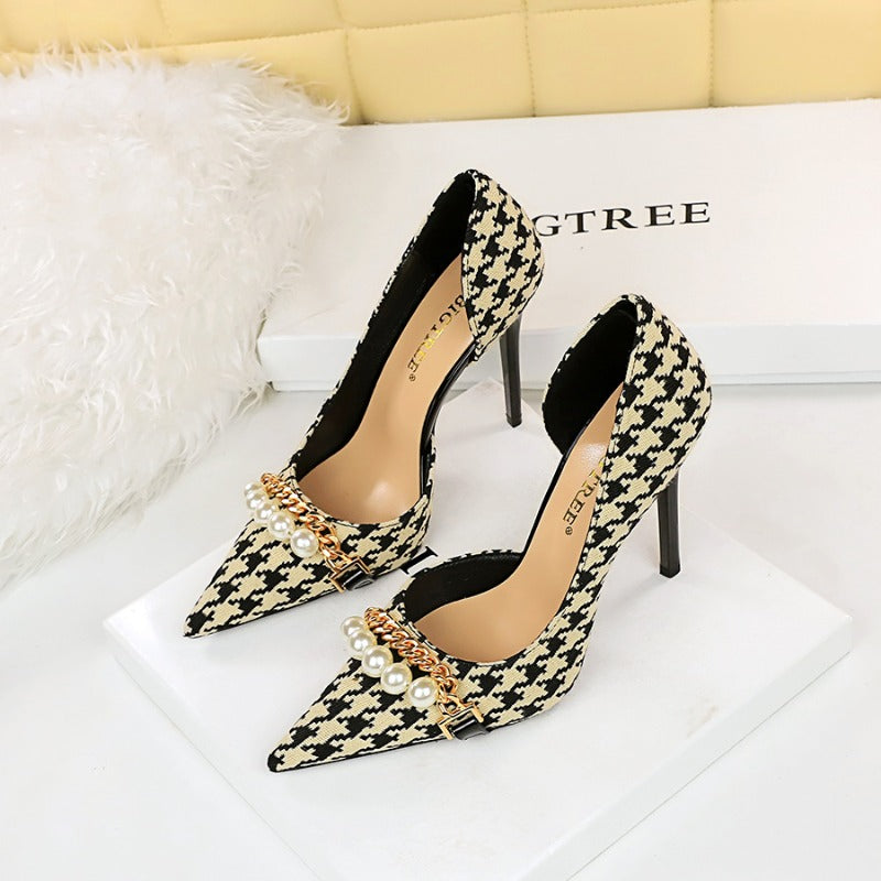 Grid Patterned Cutout Nubuck Stiletto Pearl Metal Chain Party Shoe