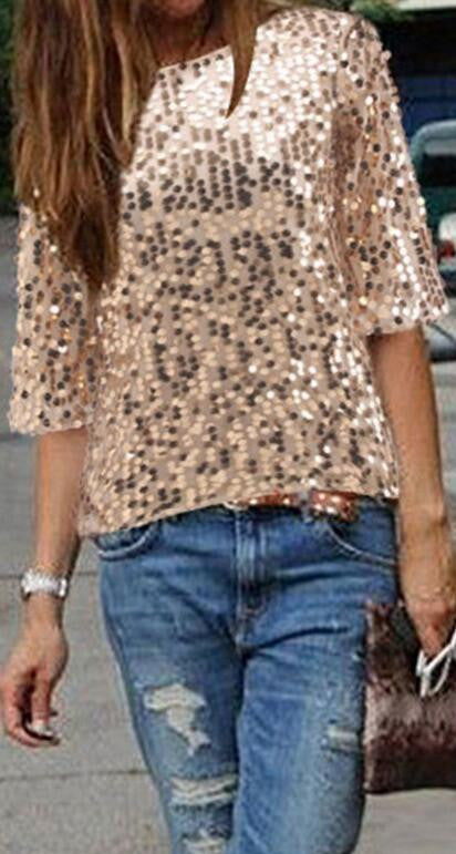 Sexy Sequins 1/2 Sleeve Scoop Loose T-shirt