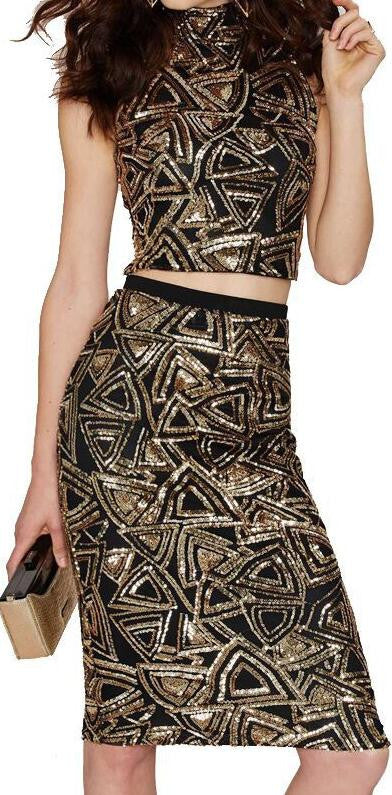 Sexy Sequins Geometric Print Knee-length Bodycon Two Pieces Dress