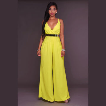 Candy Color Spaghetti Straps V-neck High Waist Long Wide Legs Jumpsuit