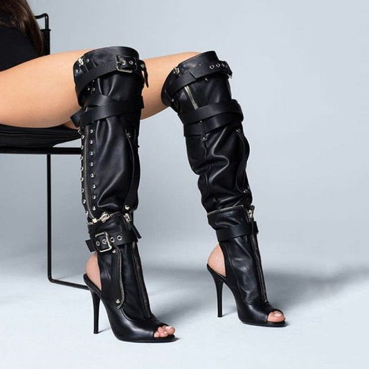 Black Leather Peep Toe Buckle High Heel Knee High Boots