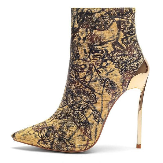Sexy Print Zipper Pointed Toe Ankle Boots