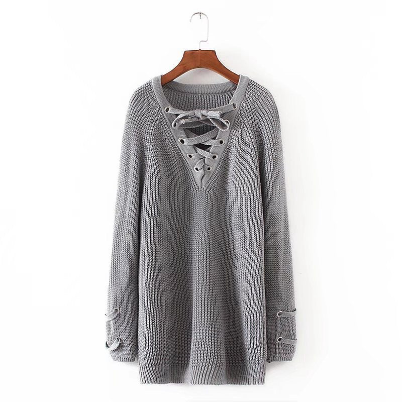 Long Sleeves Pure Color V-neck Loose Long Sweater