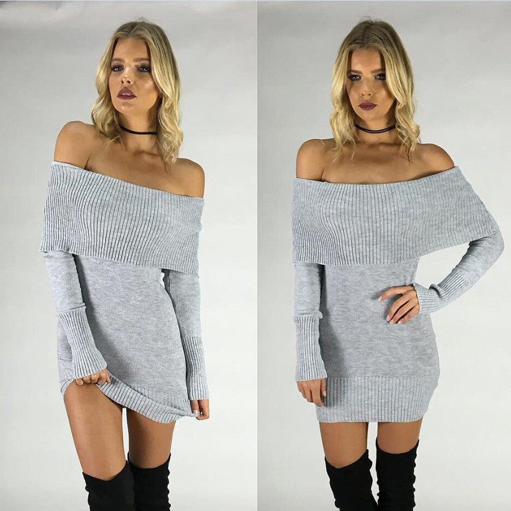 Long Sleeves Pure Color Off Shoulder Long Sweater