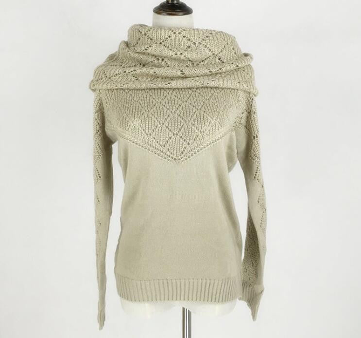 Fashion Hollow Out Heaps Collar Long Sleeve Knit Sweater