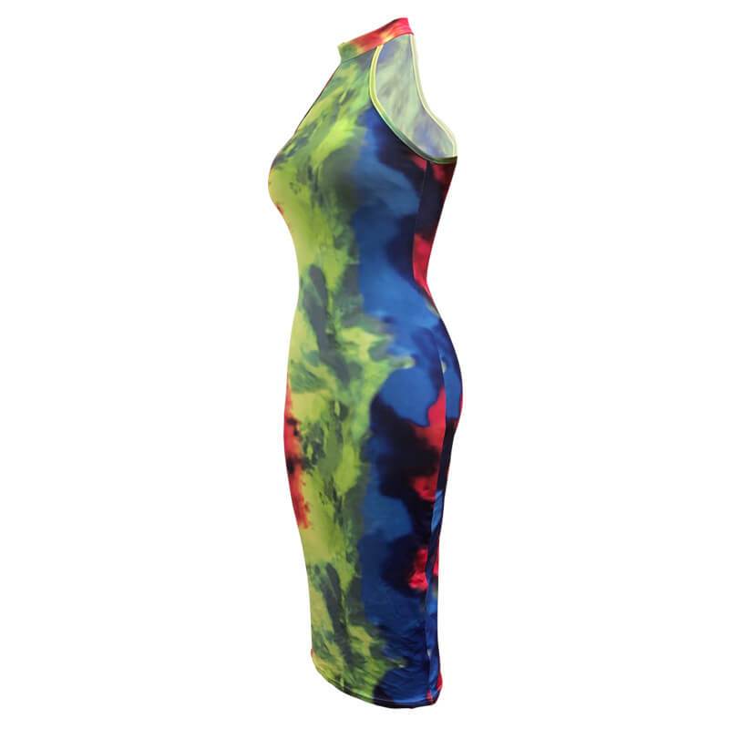 Multi Color Printed Sleeveless Slinky Midi Calf Dress