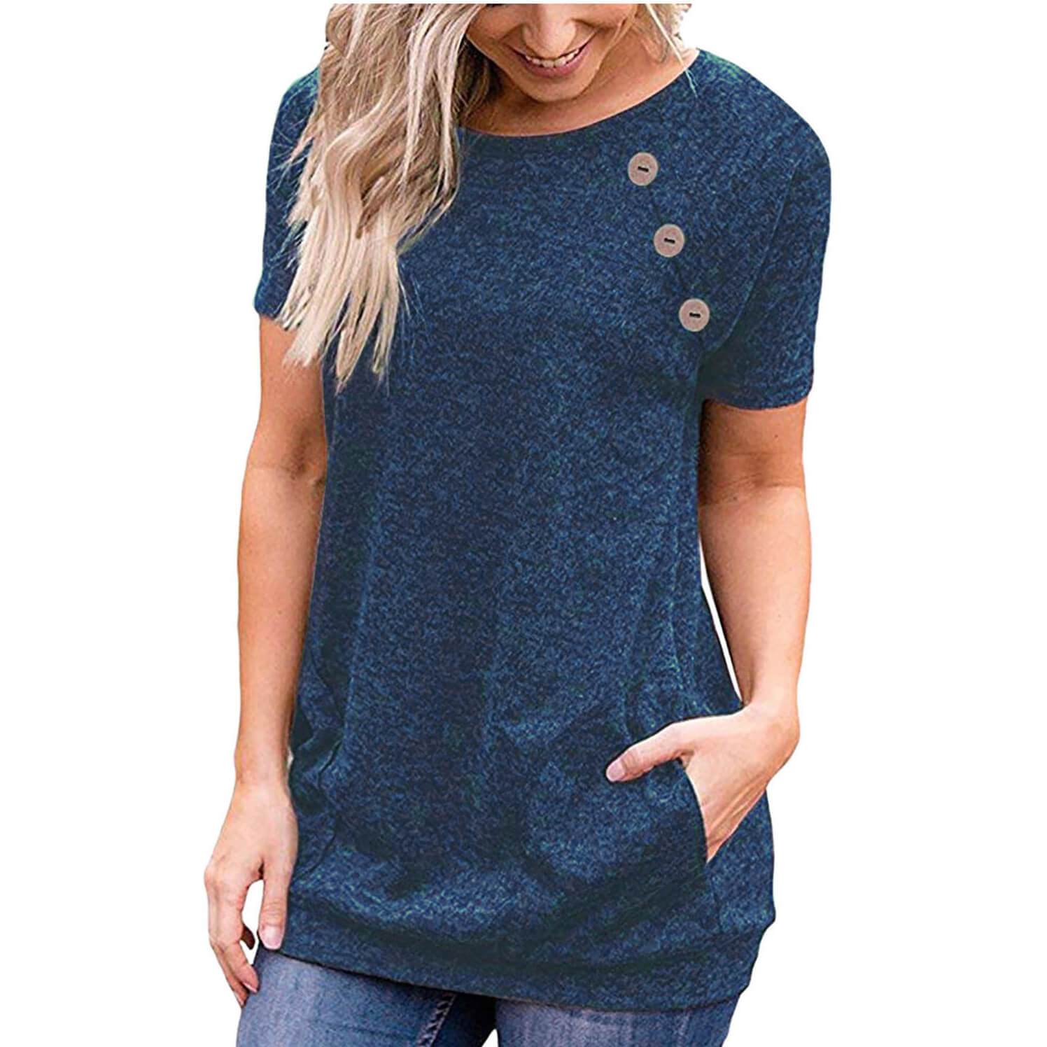 Button Scoop Long Sleeves Pockets T-shirt