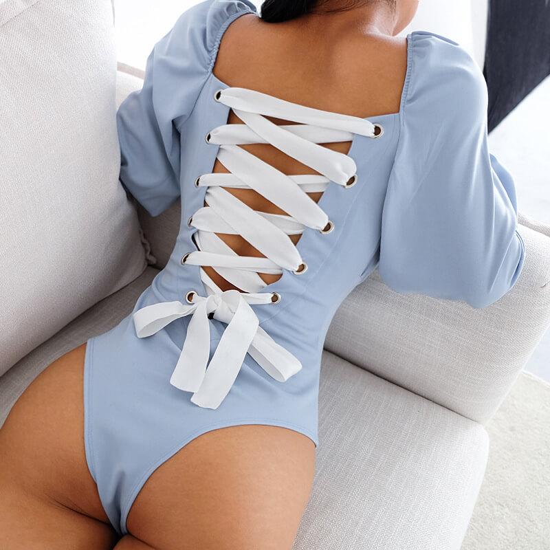 Sexy Long Sleeves Square Neck Bandage Puff Bodysuit
