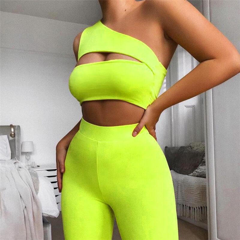 Sexy Bright Color One Shoulder Cutout Two Pieces Set