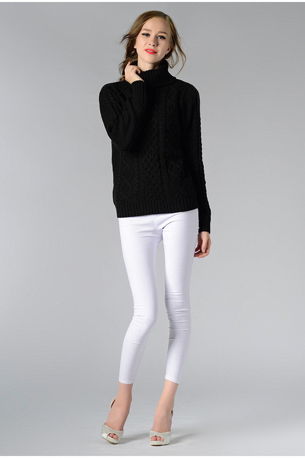 Long Sleeves Pure Color High Neck Diamond Sweater
