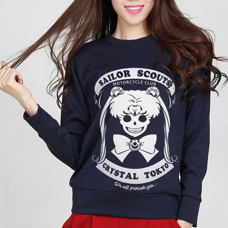 Skull Print Round Collar Long Sleeves Regular Sweatshirt