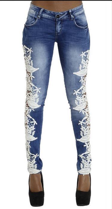 Lace Patchwork Hollow Skinny Straight High Waist Jeans - Meet Yours Fashion - 3