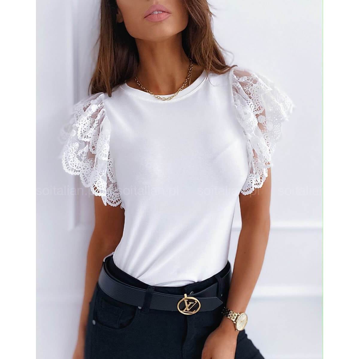 Lace Short Sleeves Pure Color T-shirt