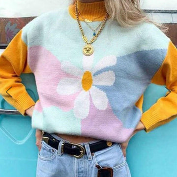 Flower Pattern Colorblock Sweater