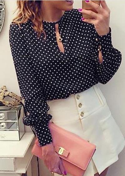 Black And White Dots Printed Long Puff Sleeves Scoop Blouse - Meet Yours Fashion - 2