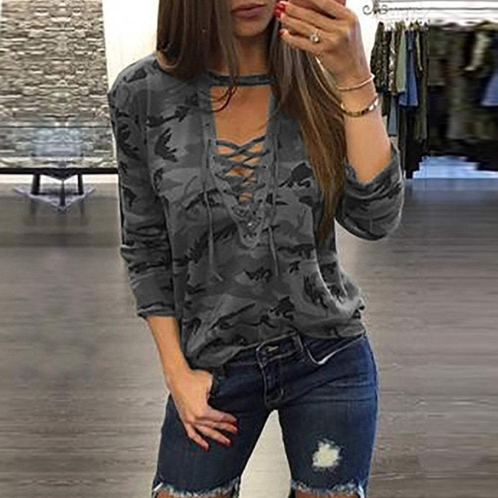 V-neck Camouflage Print Long Sleeves Blouse