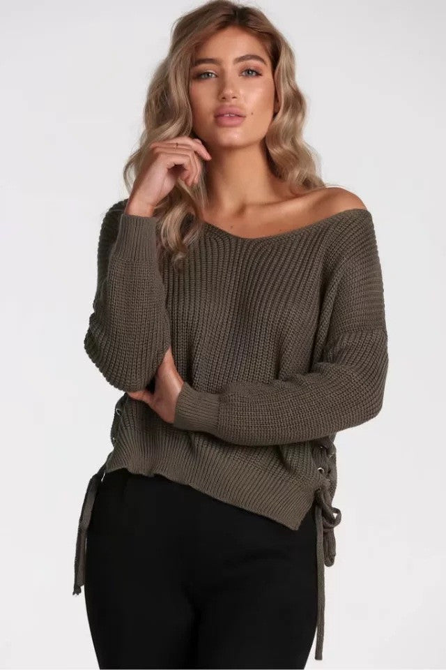 Pure Color Long Sleeves V-neck Straps Regular Sweater