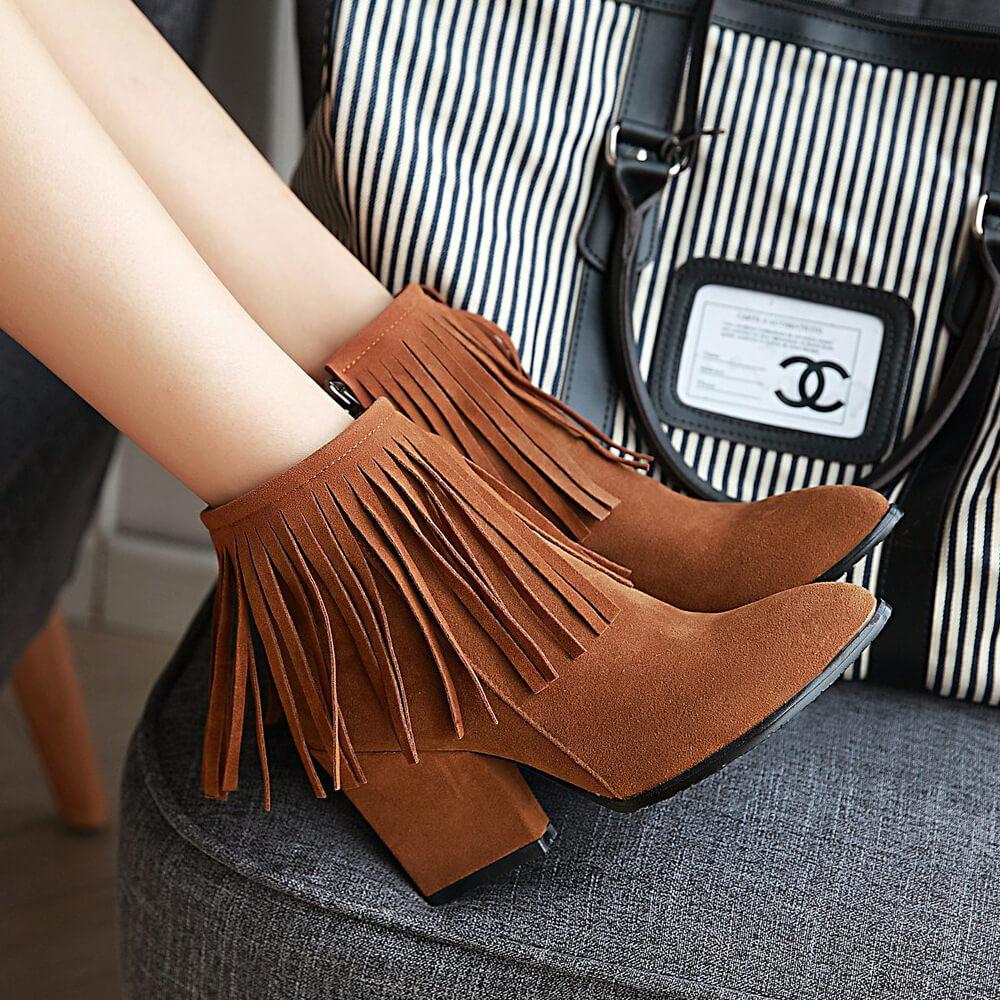 Fringe Suede High Chunky Heel Ankle Boots