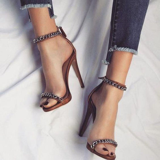 Simple Brown Chain High Heel Sandals