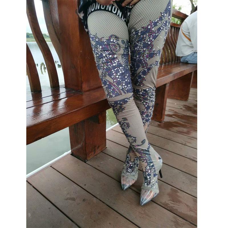 Party Rhinestone High Heel Clear Toe Tight High Boots
