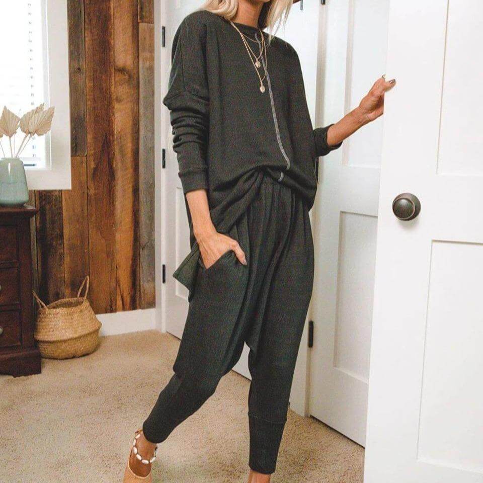 Casual Black Loose High Waist Long Sleeve Comfortable Two Pieces Set