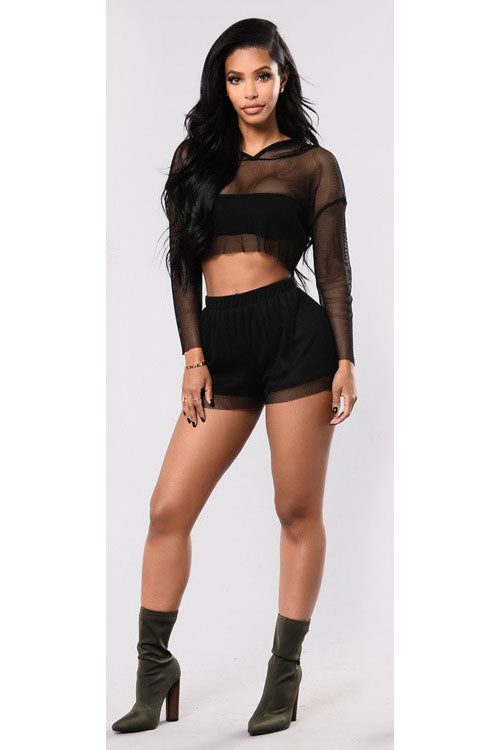 Transparent Hooded Crop Top with Shorts Two Pieces Set