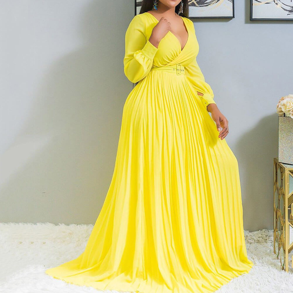Yellow Long Sleeve Floor Length Evening Dress