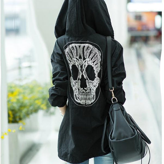 Skull Embroidered Hooded Belt Long Sleeves Mid-length Coat