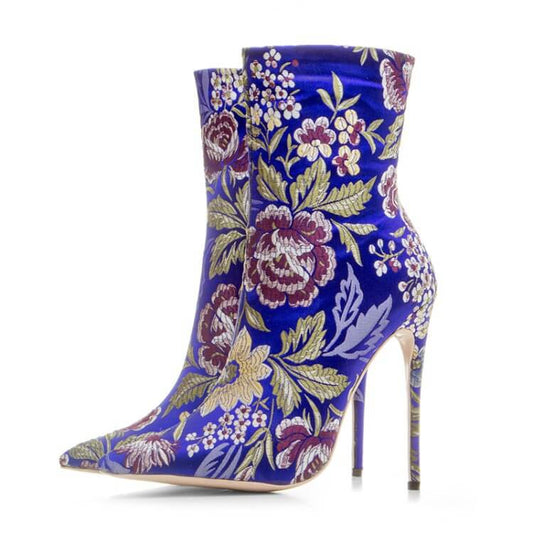 Flower Print Bright Color Pointed Toe High Heel Ankle Boots