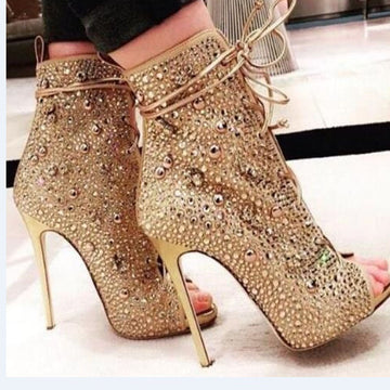 Gold Peep Toe Strap Rhinestone High Heel Sandals