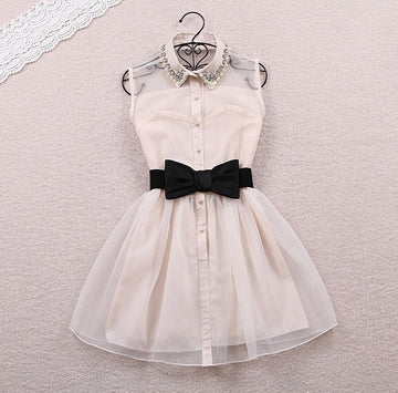 Fashion Beadings A-line Short Bowknot Belt Dress - MeetYoursFashion - 1