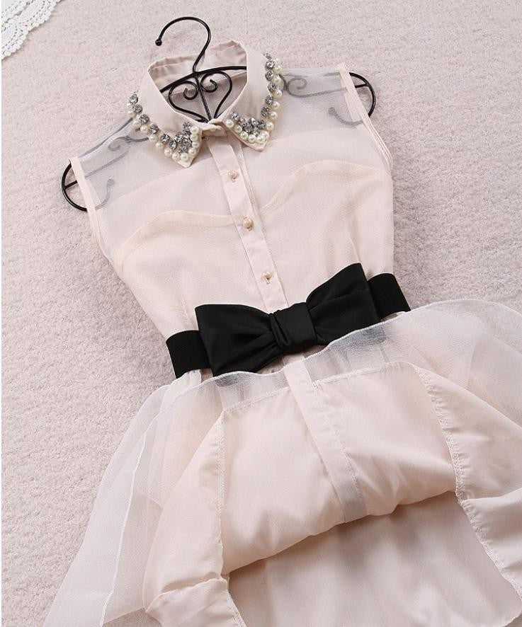 Fashion Beadings A-line Short Bowknot Belt Dress - MeetYoursFashion - 2