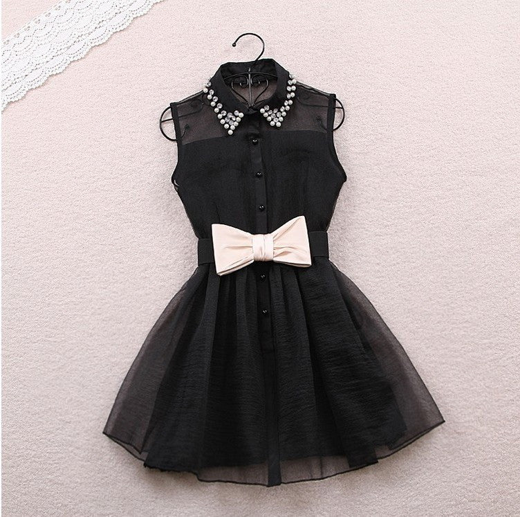 Fashion Beadings A-line Short Bowknot Belt Dress - MeetYoursFashion - 3