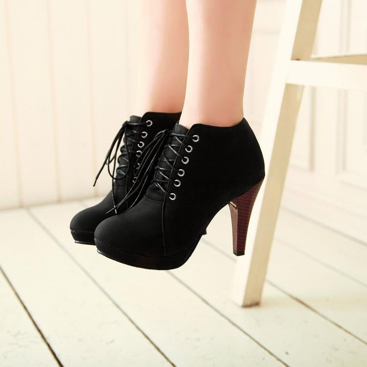 Round Toe Stiletto High Heel Lace Up Ankle Boots - MeetYoursFashion - 1