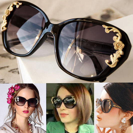 Women's Vintage Gold-tone Roses Carving Oversize Black Frame Sunglasses